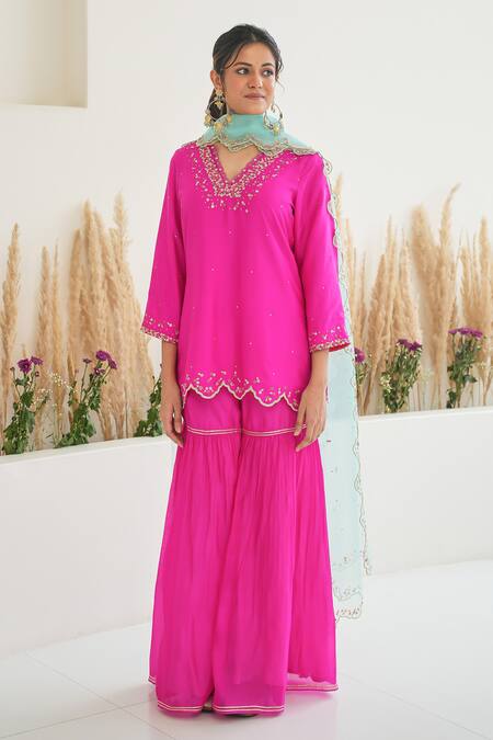 Pita Nila_Magenta Silk Embroidery Sequins V Neck Feeha Kurta Sharara Set  _Online_at_Aza_Fashions