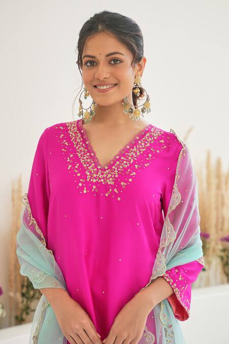 Buy_Pita Nila_Magenta Silk Embroidery Sequins V Neck Feeha Kurta Sharara Set  _Online_at_Aza_Fashions
