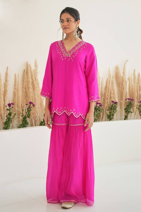 Shop_Pita Nila_Magenta Silk Embroidery Sequins V Neck Feeha Kurta Sharara Set  _Online_at_Aza_Fashions