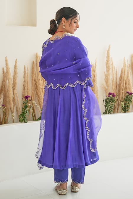 Shop_Pita Nila_Purple Silk Embroidery Sequins V Neck Feeha Anarkali Pant Set  _at_Aza_Fashions