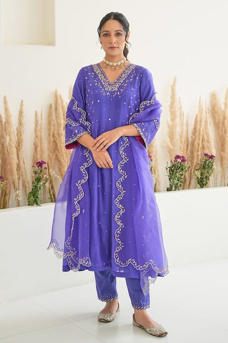 Buy_Pita Nila_Purple Silk Embroidery Sequins V Neck Feeha Anarkali Pant Set  _Online_at_Aza_Fashions