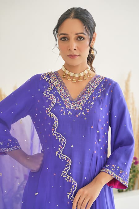 Shop_Pita Nila_Purple Silk Embroidery Sequins V Neck Feeha Anarkali Pant Set  _Online_at_Aza_Fashions