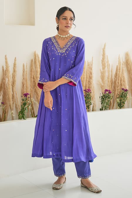 Pita Nila_Purple Silk Embroidery Sequins V Neck Feeha Anarkali Pant Set  _at_Aza_Fashions