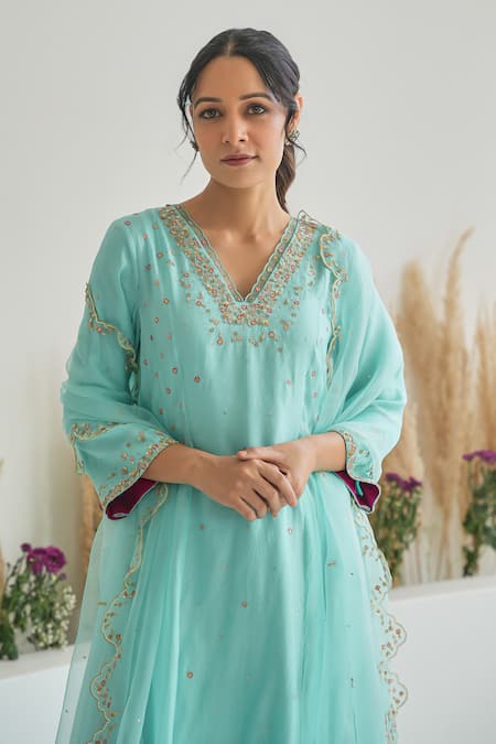 Pita Nila Blue , Chanderi, Organza Sequins, Feeha Embroidered Anarkali Pant Set Online at Aza Fashions Pita Nila_Blue , Chanderi, Organza Sequins, Feeha Embroidered Anarkali Pant Set _Online_at_Aza_Fashions