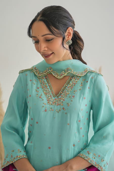 Shop Pita Nila Blue , Chanderi, Organza Sequins, Feeha Embroidered Anarkali Pant Set Online at Aza Fashions Shop_Pita Nila_Blue , Chanderi, Organza Sequins, Feeha Embroidered Anarkali Pant Set _Online_at_Aza_Fashions