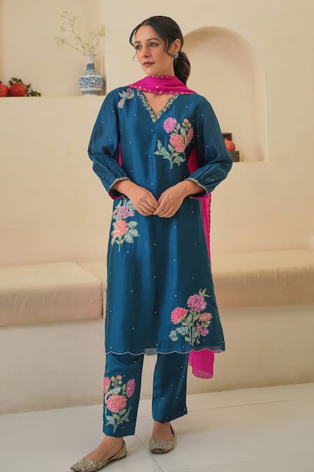Buy_Pita Nila_Blue Silk, Chanderi Embroidery V-neck Jehan Hand Kurta Pant Set _Online_at_Aza_Fashions
