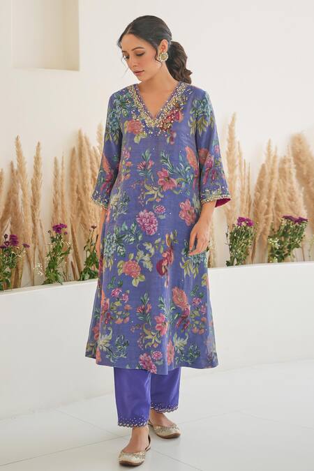Pita Nila_Purple Silk, Tissue, Chanderi Sequins, Fiza Floral Print Kurta Pant Set _Online_at_Aza_Fashions