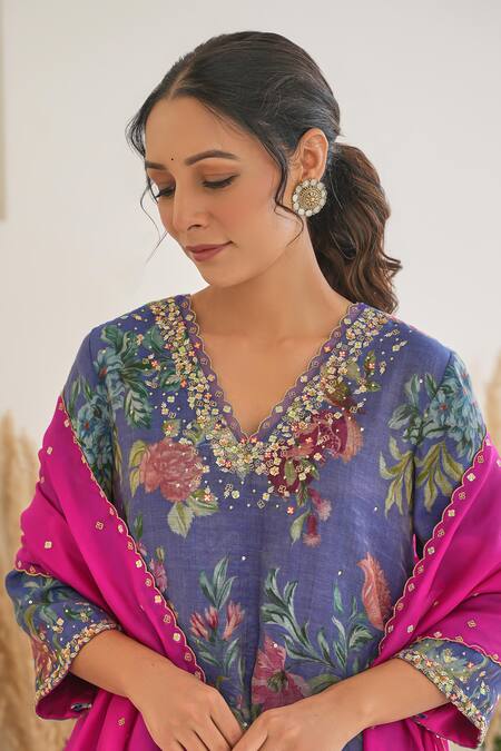 Buy_Pita Nila_Purple Silk, Tissue, Chanderi Sequins, Fiza Floral Print Kurta Pant Set _Online_at_Aza_Fashions