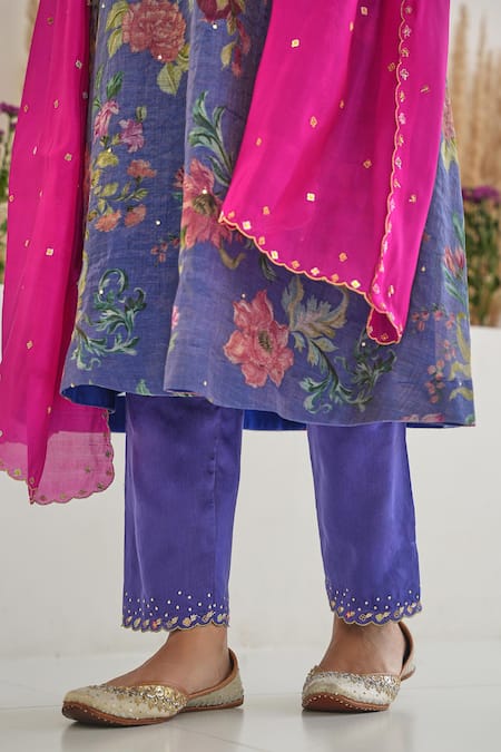 Shop_Pita Nila_Purple Silk, Tissue, Chanderi Sequins, Fiza Floral Print Kurta Pant Set _Online_at_Aza_Fashions
