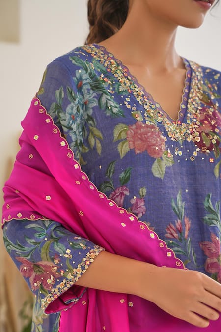 Pita Nila_Purple Silk, Tissue, Chanderi Sequins, Fiza Floral Print Kurta Pant Set _at_Aza_Fashions