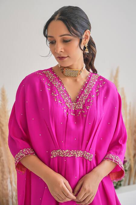 Buy Pita Nila Magenta Silk Sequins, Cut Work V-neck Ariana Hand Embroidered Kaftan Online at Aza Fashions Buy_Pita Nila_Magenta Silk Sequins, Cut Work V-neck Ariana Hand Embroidered Kaftan _Online_at_Aza_Fashions