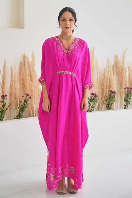 Pita Nila Magenta Silk Sequins, Cut Work V-neck Ariana Hand Embroidered Kaftan at Aza Fashions Pita Nila_Magenta Silk Sequins, Cut Work V-neck Ariana Hand Embroidered Kaftan _at_Aza_Fashions