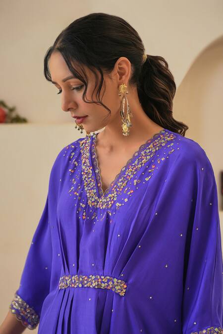 Pita Nila_Purple Silk Sequins, Cut Work V-neck Ariana Dupion Kaftan _Online_at_Aza_Fashions