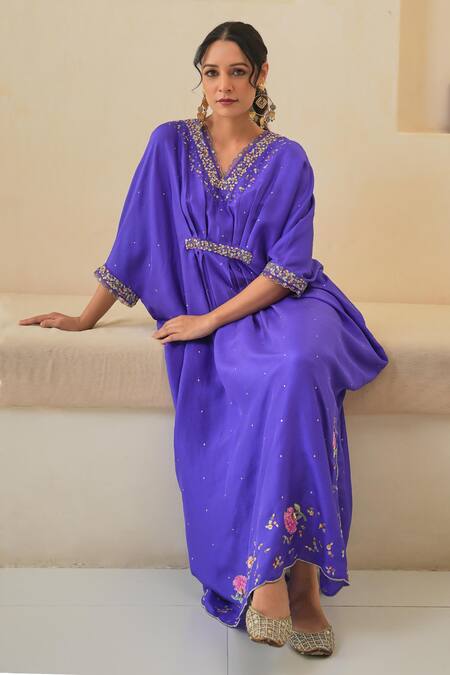 Buy_Pita Nila_Purple Silk Sequins, Cut Work V-neck Ariana Dupion Kaftan _Online_at_Aza_Fashions