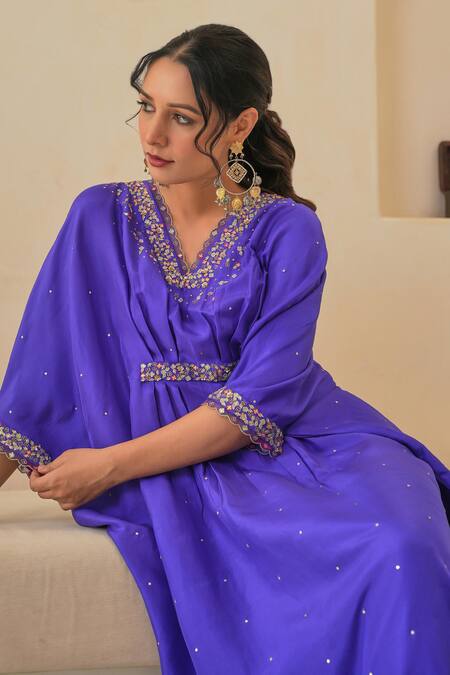 Shop_Pita Nila_Purple Silk Sequins, Cut Work V-neck Ariana Dupion Kaftan _Online_at_Aza_Fashions