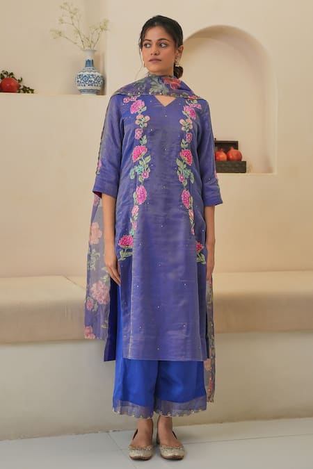 Pita Nila Purple Chanderi, Tissue Embroidery V-neck Rehaab Hand Kurta Palazzo Set Online at Aza Fashions Pita Nila_Purple Chanderi, Tissue Embroidery V-neck Rehaab Hand Kurta Palazzo Set _Online_at_Aza_Fashions