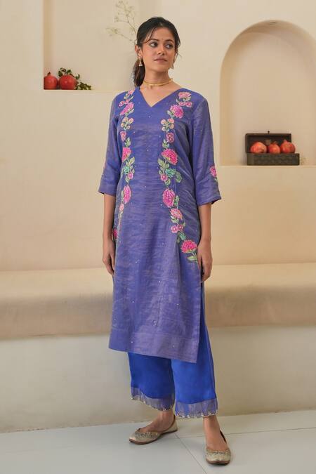 Buy Pita Nila Purple Chanderi, Tissue Embroidery V-neck Rehaab Hand Kurta Palazzo Set Online at Aza Fashions Buy_Pita Nila_Purple Chanderi, Tissue Embroidery V-neck Rehaab Hand Kurta Palazzo Set _Online_at_Aza_Fashions