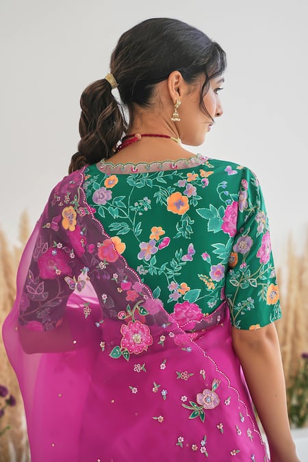 Pita Nila_Magenta , Organza Embroidery, Sequins Avril Floral Saree With Blouse _Online_at_Aza_Fashions
