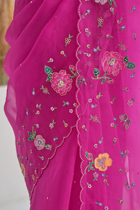 Buy_Pita Nila_Magenta , Organza Embroidery, Sequins Avril Floral Saree With Blouse _Online_at_Aza_Fashions