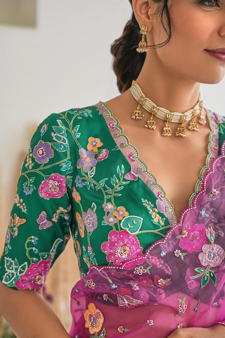 Shop_Pita Nila_Magenta , Organza Embroidery, Sequins Avril Floral Saree With Blouse _Online_at_Aza_Fashions