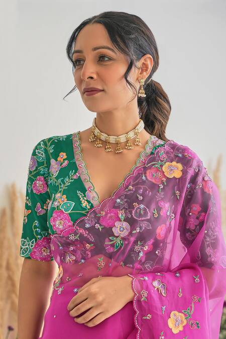 Pita Nila_Magenta , Organza Embroidery, Sequins Avril Floral Saree With Blouse _at_Aza_Fashions