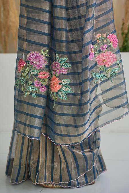 Shop Pita Nila Blue Silk, Handloom Cotton Embroidery, Nura Stripe Pattern Saree With Blouse Online at Aza Fashions Shop_Pita Nila_Blue Silk, Handloom Cotton Embroidery, Nura Stripe Pattern Saree With Blouse _Online_at_Aza_Fashions