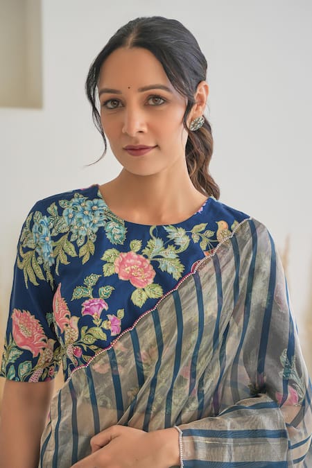 Pita Nila Blue Silk, Handloom Cotton Embroidery, Nura Stripe Pattern Saree With Blouse at Aza Fashions Pita Nila_Blue Silk, Handloom Cotton Embroidery, Nura Stripe Pattern Saree With Blouse _at_Aza_Fashions