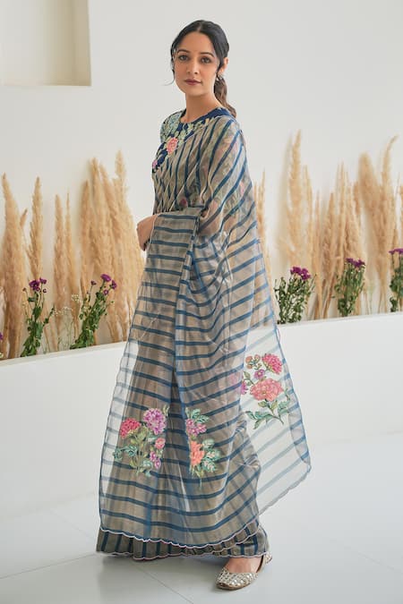 Buy Pita Nila Blue Silk, Handloom Cotton Embroidery, Nura Stripe Pattern Saree With Blouse Buy_Pita Nila_Blue Silk, Handloom Cotton Embroidery, Nura Stripe Pattern Saree With Blouse