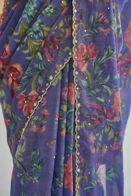 Shop Pita Nila Purple Silk, Tissue Sequins, Fiza Floral Blossom Print Saree With Blouse Online at Aza Fashions Shop_Pita Nila_Purple Silk, Tissue Sequins, Fiza Floral Blossom Print Saree With Blouse _Online_at_Aza_Fashions