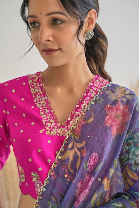 Pita Nila Purple Silk, Tissue Sequins, Fiza Floral Blossom Print Saree With Blouse at Aza Fashions Pita Nila_Purple Silk, Tissue Sequins, Fiza Floral Blossom Print Saree With Blouse _at_Aza_Fashions
