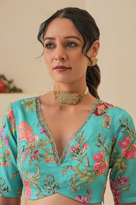 Pita Nila_Magenta , Satin, Organza Sequins, Nargis Saree With Floral Print Blouse _Online_at_Aza_Fashions