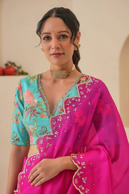 Buy_Pita Nila_Magenta , Satin, Organza Sequins, Nargis Saree With Floral Print Blouse _Online_at_Aza_Fashions