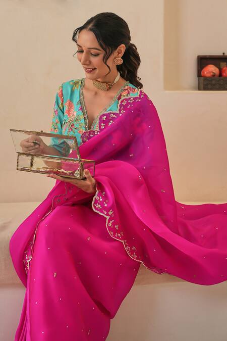 Shop_Pita Nila_Magenta , Satin, Organza Sequins, Nargis Saree With Floral Print Blouse _Online_at_Aza_Fashions