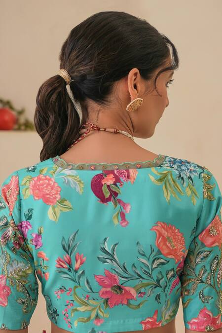 Pita Nila_Magenta , Satin, Organza Sequins, Nargis Saree With Floral Print Blouse _at_Aza_Fashions