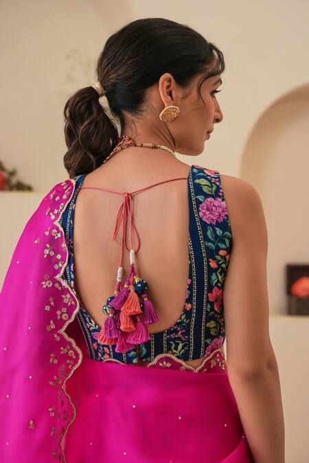 Pita Nila_Magenta Silk Sequins, Cut Work Scoop Nargis Saree With Floral Embroidered Blouse _Online_at_Aza_Fashions