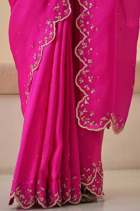 Shop_Pita Nila_Magenta Silk Sequins, Cut Work Scoop Nargis Saree With Floral Embroidered Blouse _Online_at_Aza_Fashions