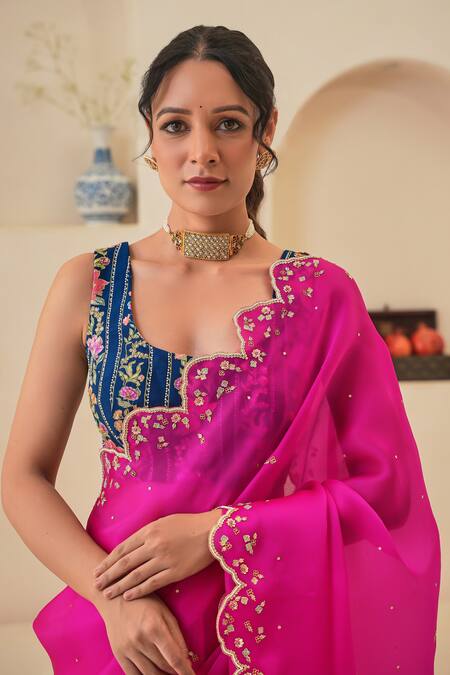 Buy_Pita Nila_Magenta Silk Sequins, Cut Work Scoop Nargis Saree With Floral Embroidered Blouse 