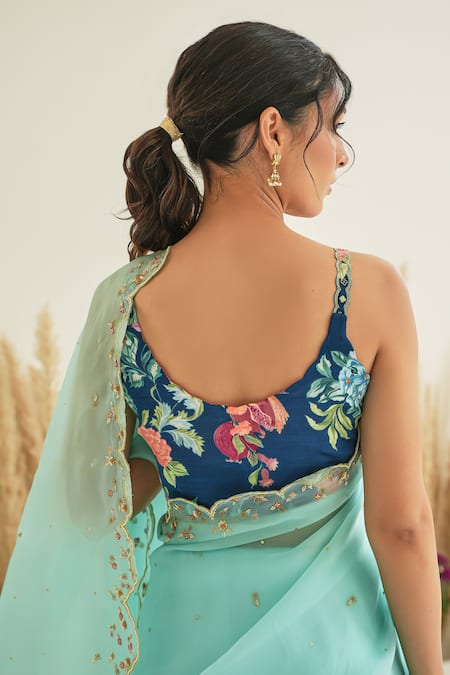 Pita Nila_Blue Silk, Gabardine Sequins, Nargis Saree With Floral Blossom Print Blouse _Online_at_Aza_Fashions
