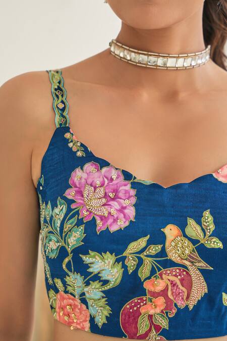 Buy_Pita Nila_Blue Silk, Gabardine Sequins, Nargis Saree With Floral Blossom Print Blouse _Online_at_Aza_Fashions