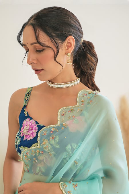 Shop_Pita Nila_Blue Silk, Gabardine Sequins, Nargis Saree With Floral Blossom Print Blouse _Online_at_Aza_Fashions