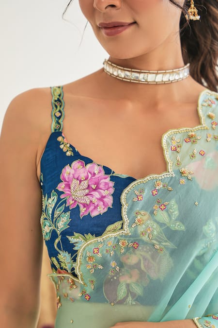 Pita Nila_Blue Silk, Gabardine Sequins, Nargis Saree With Floral Blossom Print Blouse _at_Aza_Fashions