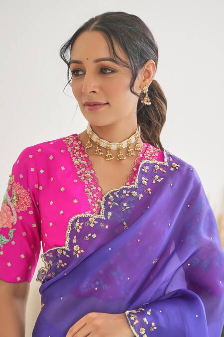 Buy_Pita Nila_Purple Silk, Satin Gota Patti, Sequins Nargis Saree With Embroidered Blouse _Online_at_Aza_Fashions