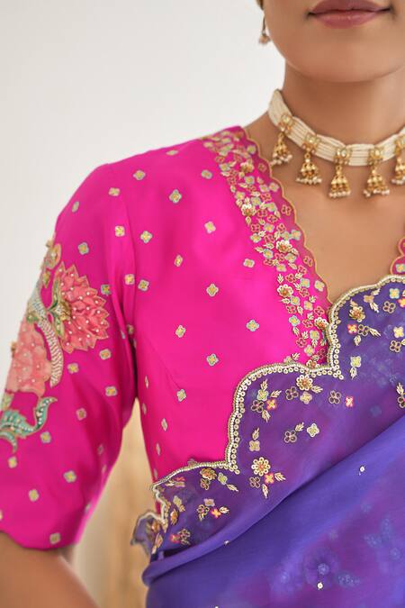 Shop_Pita Nila_Purple Silk, Satin Gota Patti, Sequins Nargis Saree With Embroidered Blouse _Online_at_Aza_Fashions
