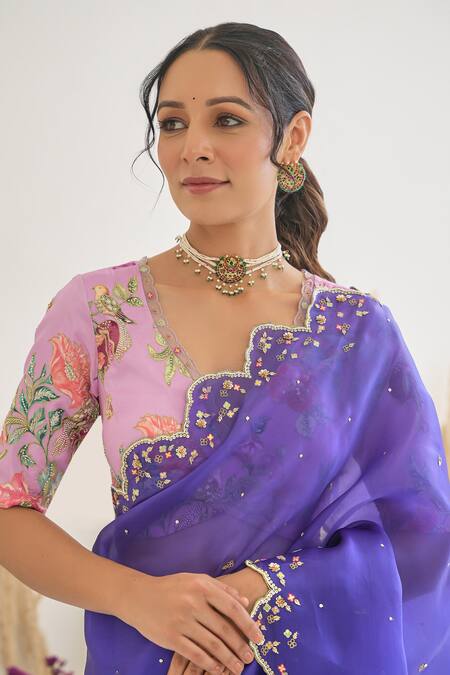 Buy_Pita Nila_Purple Silk, Satin Embroidery, Sequins Nargis Saree With Flower Print Blouse _Online_at_Aza_Fashions
