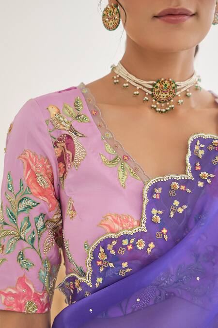 Shop_Pita Nila_Purple Silk, Satin Embroidery, Sequins Nargis Saree With Flower Print Blouse _Online_at_Aza_Fashions