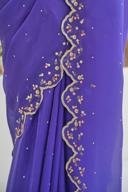 Pita Nila_Purple Silk, Satin Embroidery, Sequins Nargis Saree With Flower Print Blouse _at_Aza_Fashions