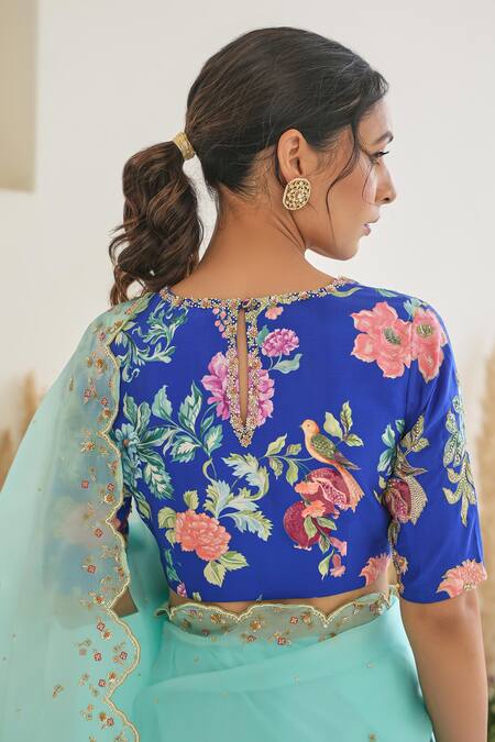 Pita Nila_Blue Silk, Satin Sequins, Embroidery Nargis Saree With Fiza Floral Print Blouse _Online_at_Aza_Fashions