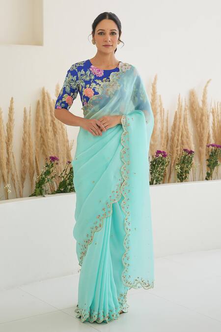 Buy_Pita Nila_Blue Silk, Satin Sequins, Embroidery Nargis Saree With Fiza Floral Print Blouse _Online_at_Aza_Fashions