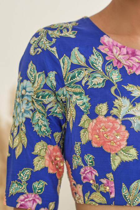 Shop_Pita Nila_Blue Silk, Satin Sequins, Embroidery Nargis Saree With Fiza Floral Print Blouse _Online_at_Aza_Fashions