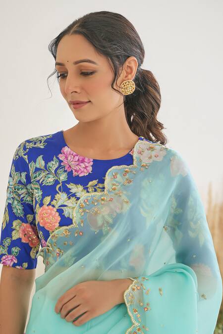 Pita Nila_Blue Silk, Satin Sequins, Embroidery Nargis Saree With Fiza Floral Print Blouse _at_Aza_Fashions
